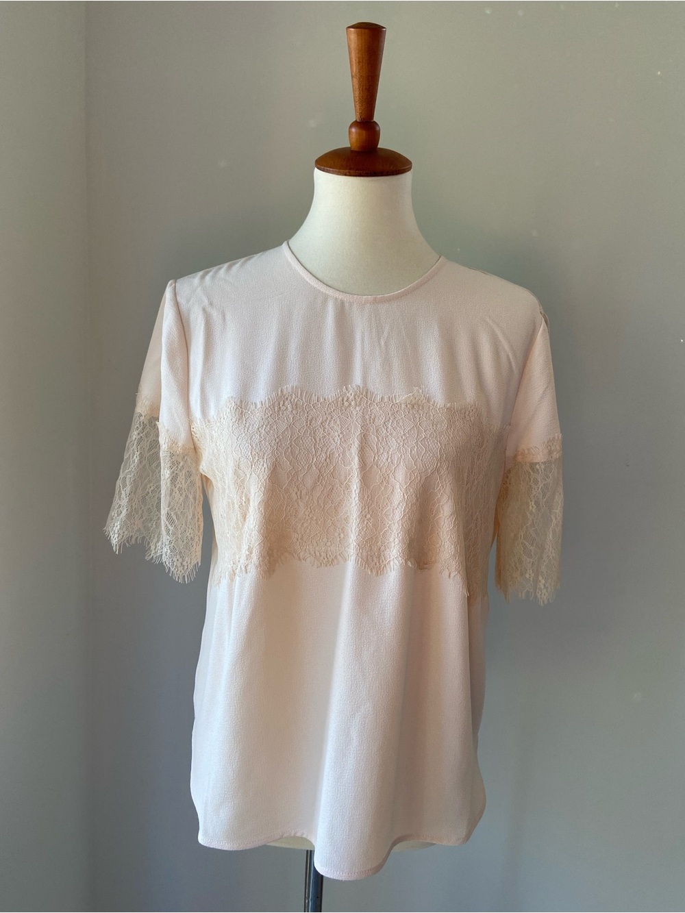 NWT Zara Pale Pink Lace-Inset Short Sleeve Top